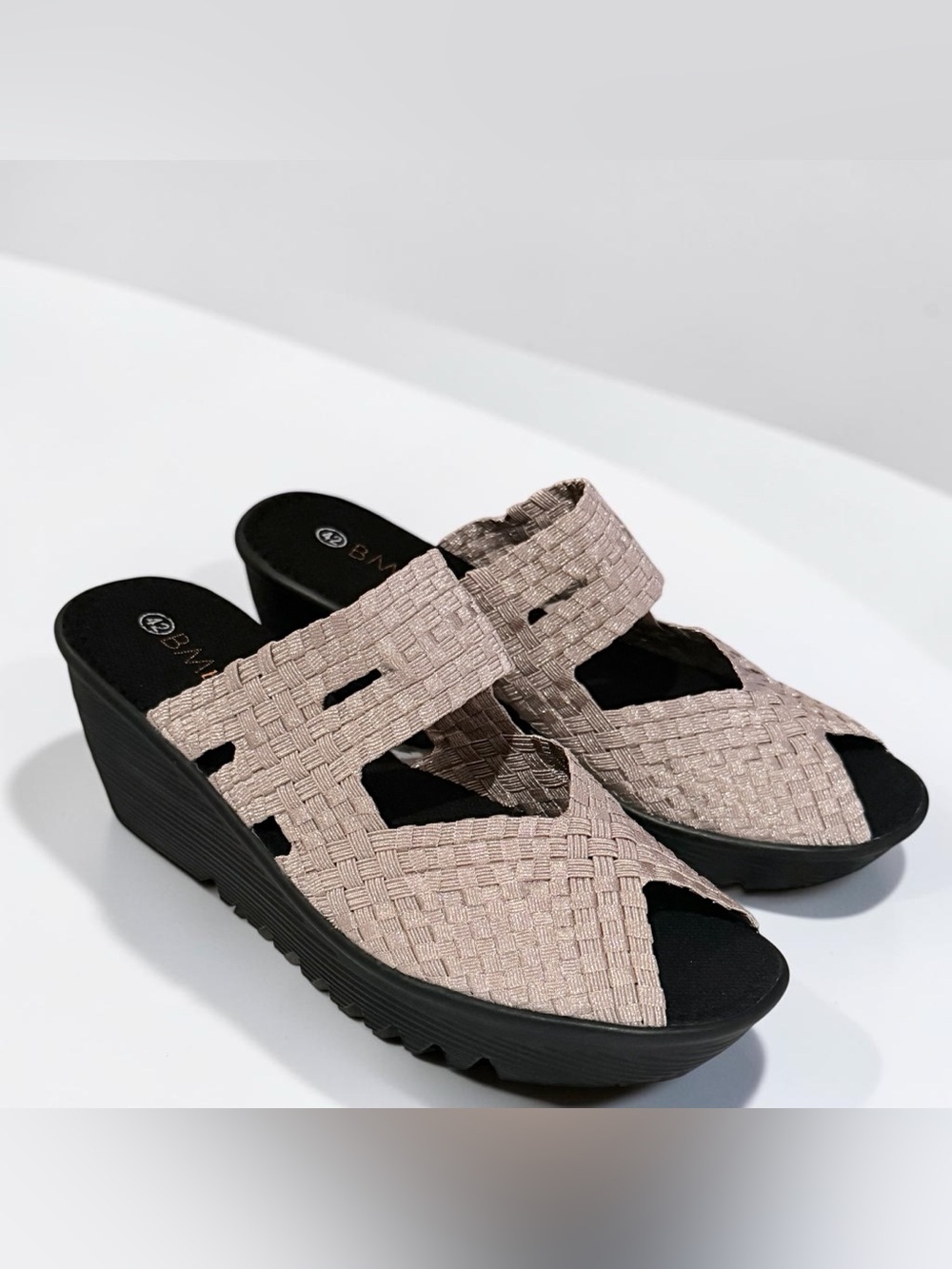 Bernie Mev Blush Shimmer Woven Stretch Wedge Peep-Toe Slide Mules EU42 US10.5-11 - Picture 9 of 14